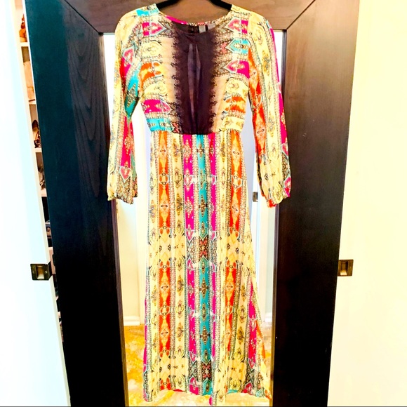 NWOT Sheer long dress with beautiful colorful pattern. So UNIQUE  w/comfy-flow - Picture 4 of 7